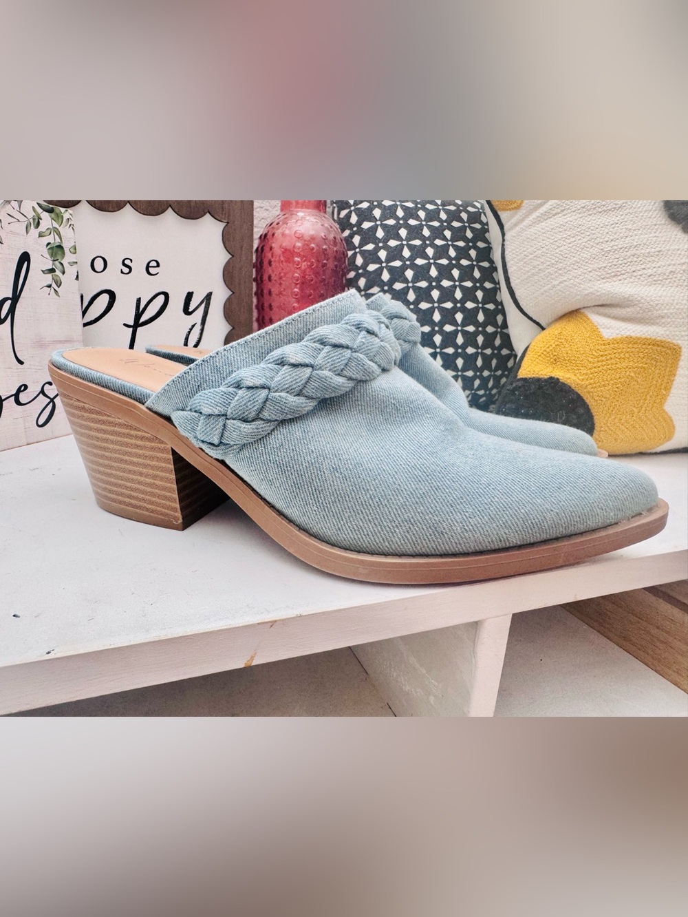 Denim pointed toe heeled mules
